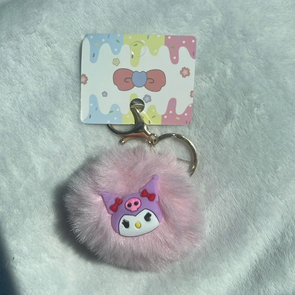 Pink Fluffy Keychain with Kuromi Character and claw clip nwt